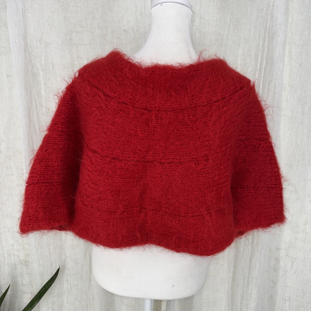 Vtg Red Hand Knit Mohair Shrug L Romantic Indie Twee Fuzzy Cozy Chunky Cardigan - Picture 4 of 7